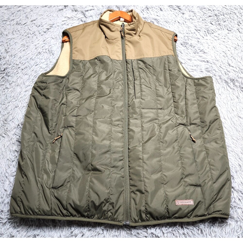 Free Country Reversible Vest Mens XL Mock Neck Quilted Jacket‎ Pockets Sherpa